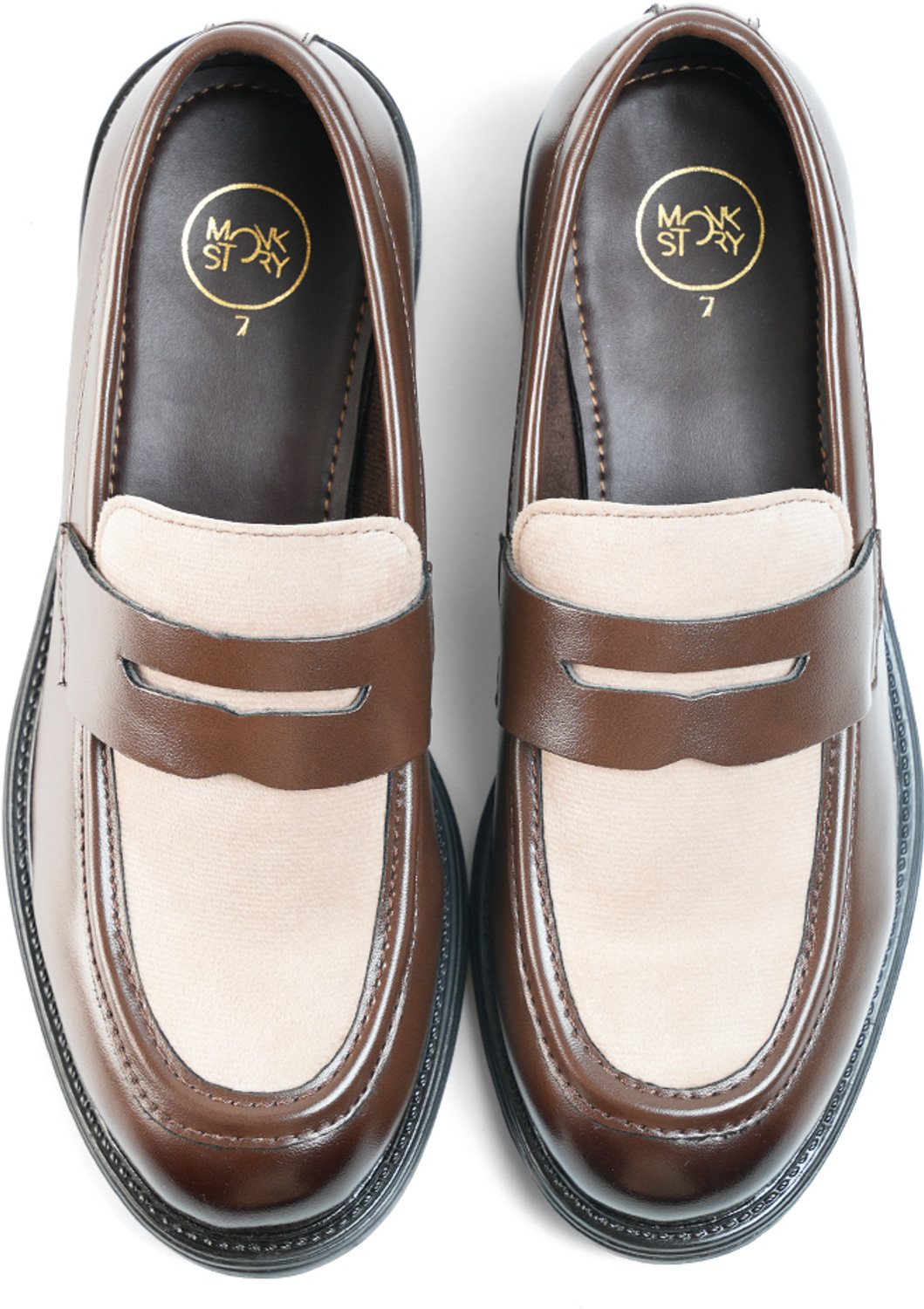 Image of MONKSTORY Monkstory Cosmopolitan Contrast Penny Loafers - Brown /Beige Loafers For Men