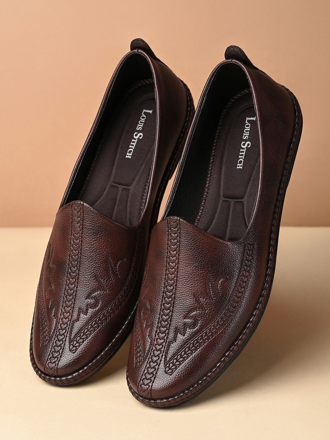 Image of LOUIS STITCH Men's Brunette Brown Ethnic Slip-On Lightweight Embroided Nagra Juti for Men Mojaris For Men
