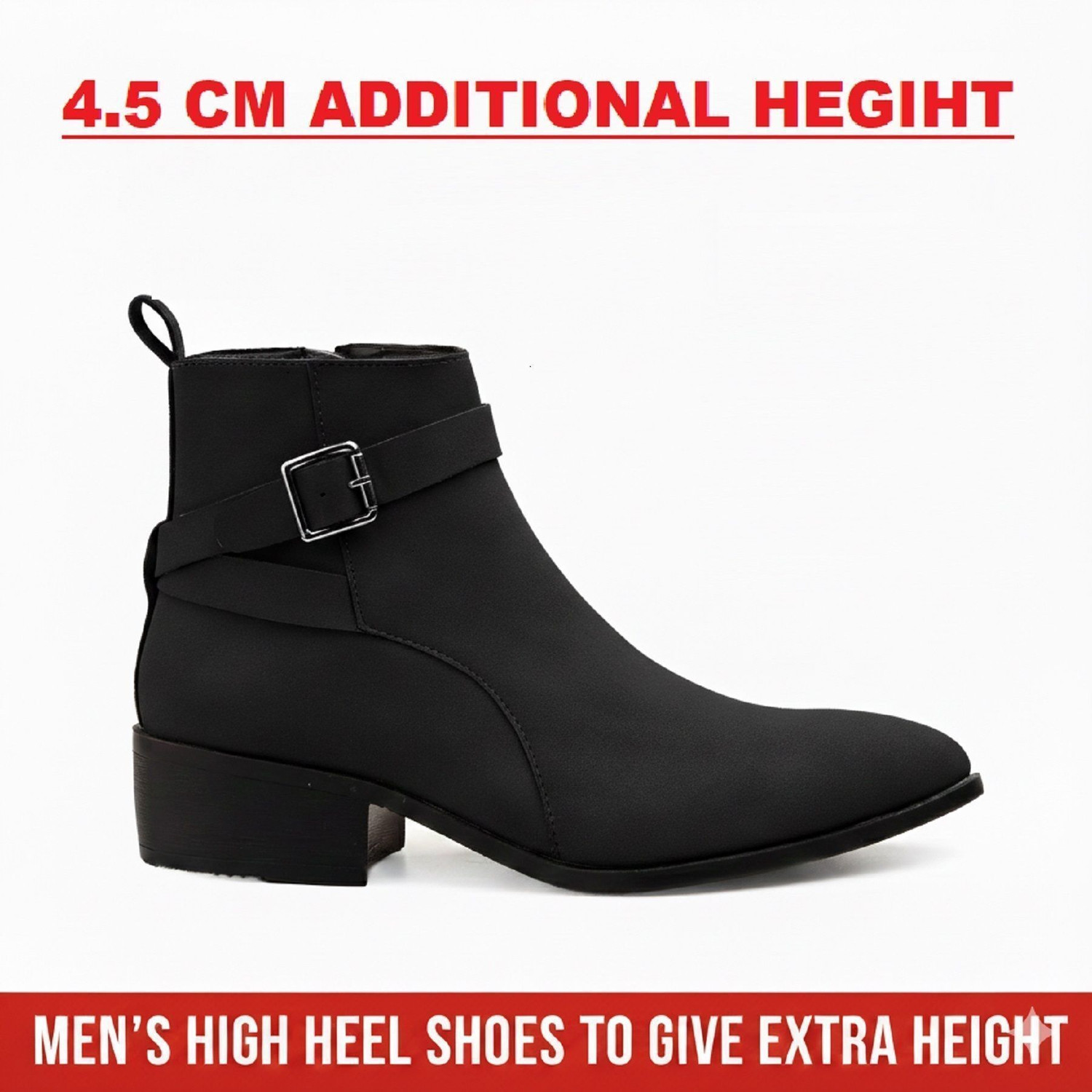 Image of BXXY Men's 4.5 CM Block Heel Height Increasing, Black Casual Formal Buckle Ankle Boot Slip On For Men