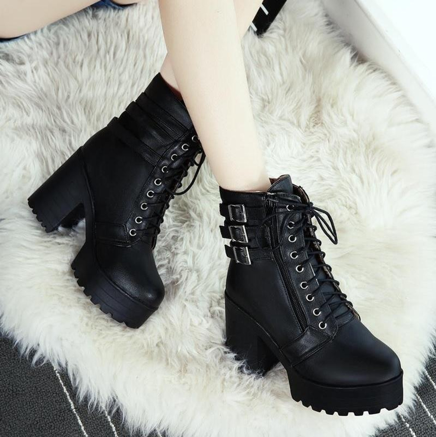 Image of KILLER Women's Boots | Faux Leather, Trendy, Lace-Up & Zipper Boots for Women & Girls Boots For Women (Black, 7)