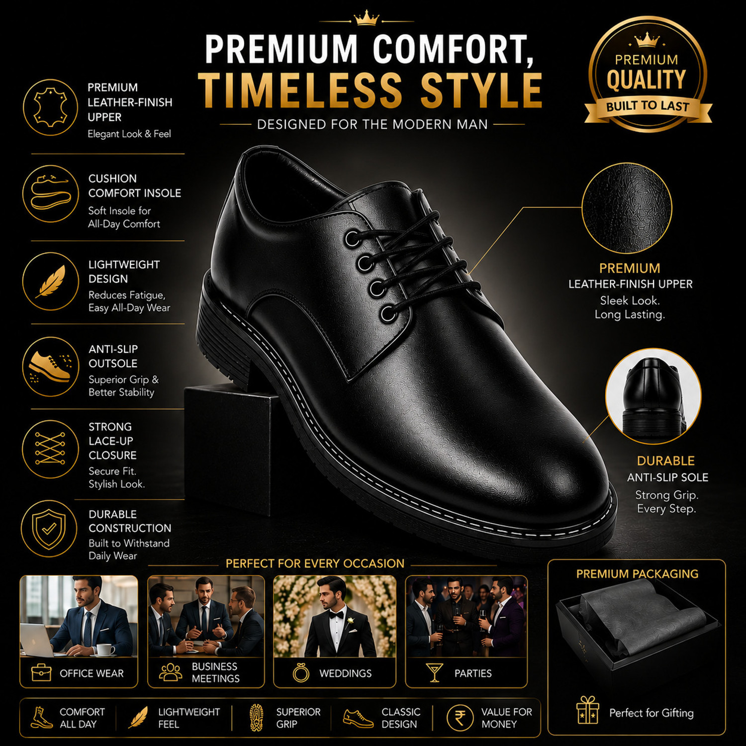Image of UZ TRADE Comfortable Black Formal Lace-Up Shoes for Men|Office Wear,Wedding & Party Weart Party Wear For Men (Black, 6)