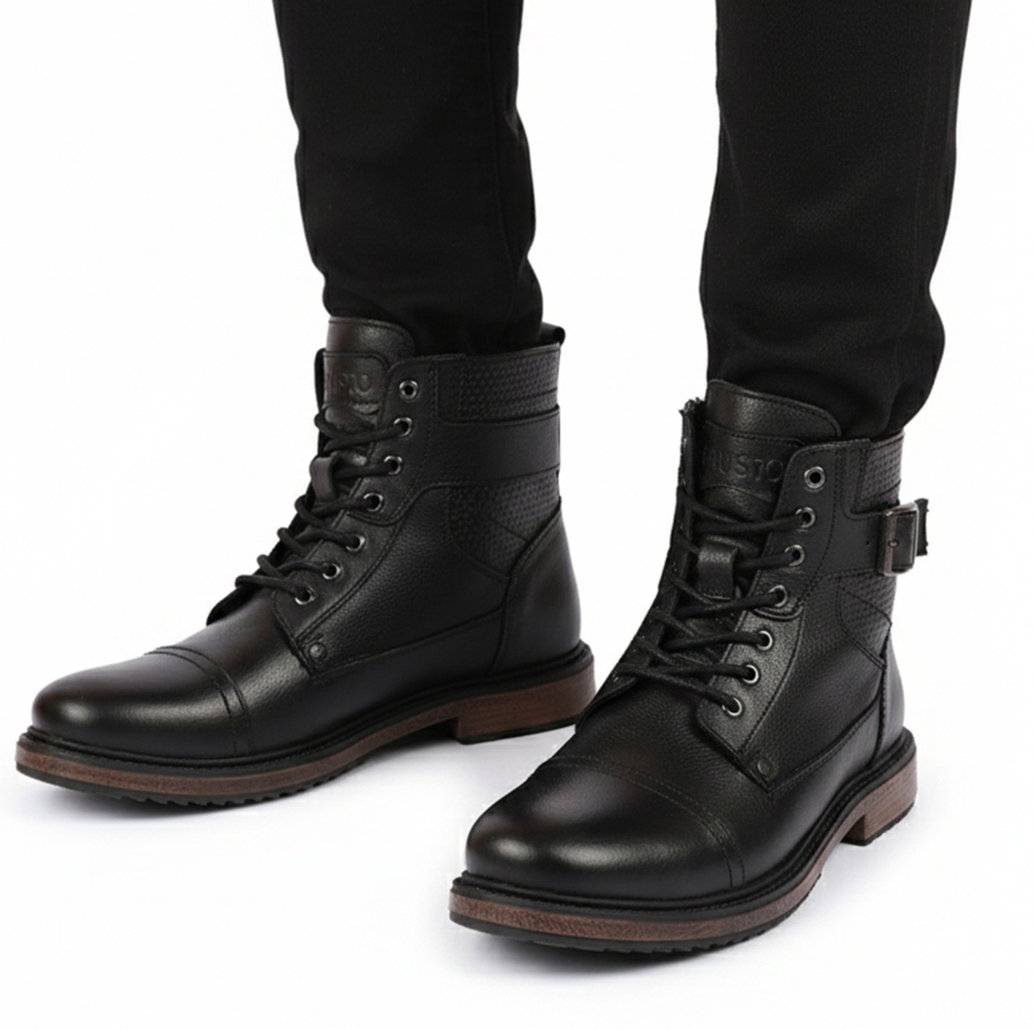 Image of FAUSTO High Top Genuine Leather 7-Eye Lace Up Buckle Strap Work Cap Toe Winter Flat Boots For Men