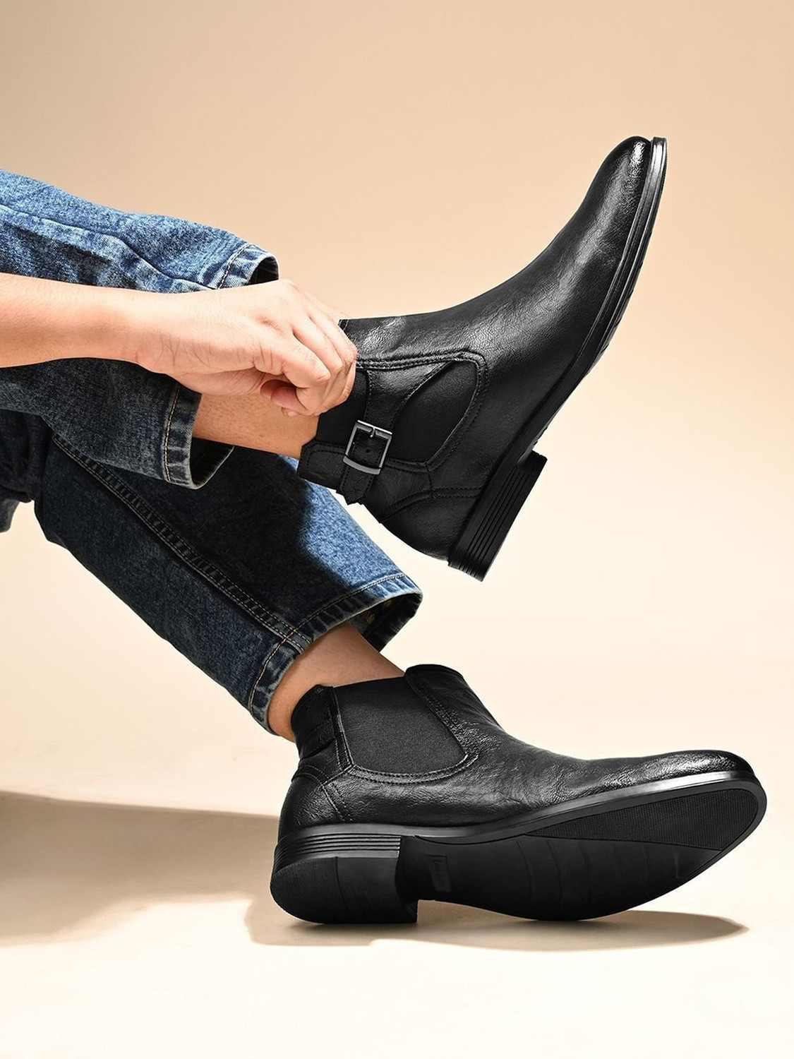 Image of LOUIS STITCH Obsidian Black Mid-Top Ankle Shrunken Chelsea Boots for Men with Side Buckle Boots For Men