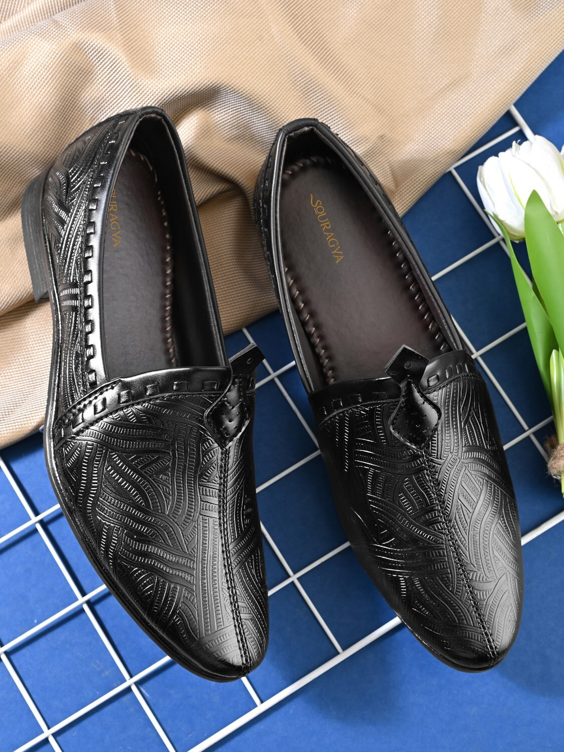 Image of SOURAGYA Men Textured Round Toe Mojaris Loafers for festive occasion Loafers For Men