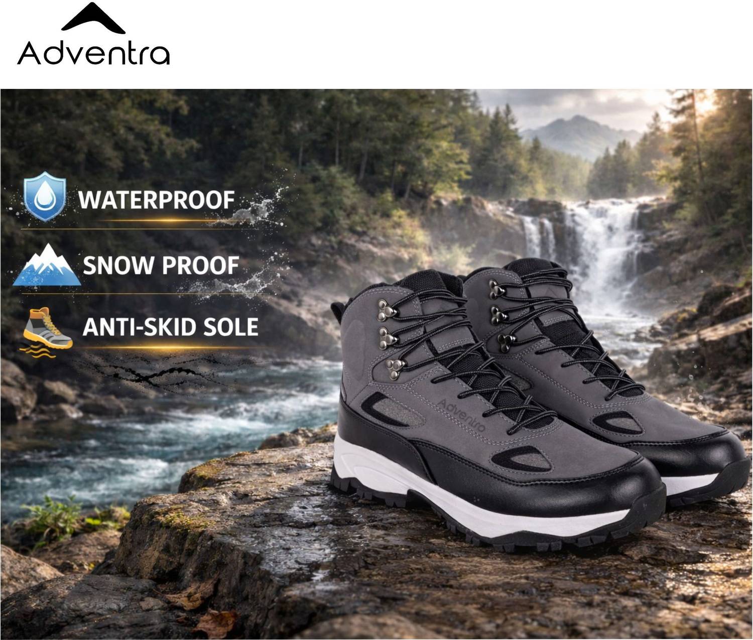 Adventra Men Waterproof Mid-Top Trekking Shoes Grey - Image 3
