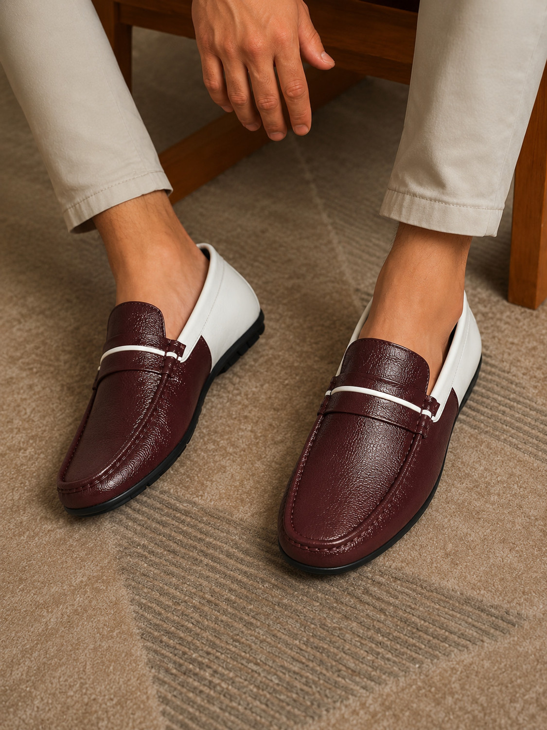 Image of AJANTA Premium Formal Office Slip On Shoes Cushioned Comfort Smart Casual Penny Loafers For Men (Maroon, White, 7)
