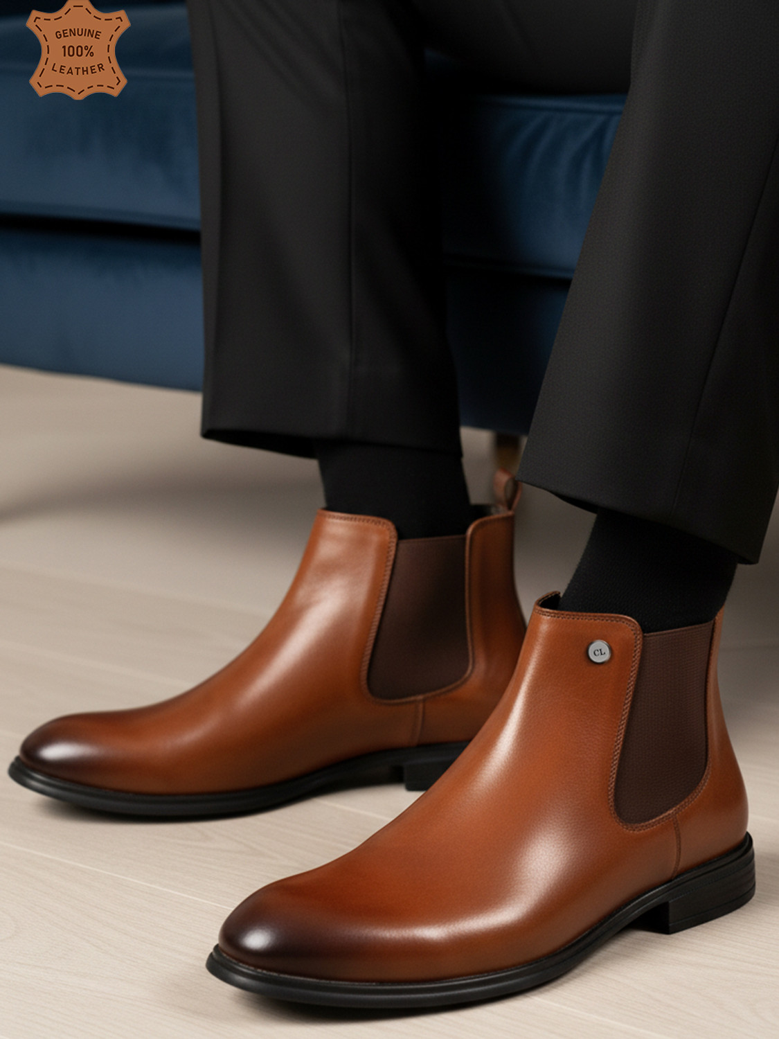 Image of CARLTON LONDON Men's Elastic Side Panels Premium Leather Chelsea Boots Boots For Men