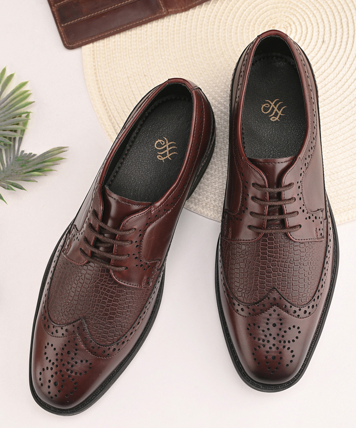 Image of House of Pataudi Men Brown Faux Leather Formal Lace Up Brogue Shoes Lace Up For Men (Brown, 8)
