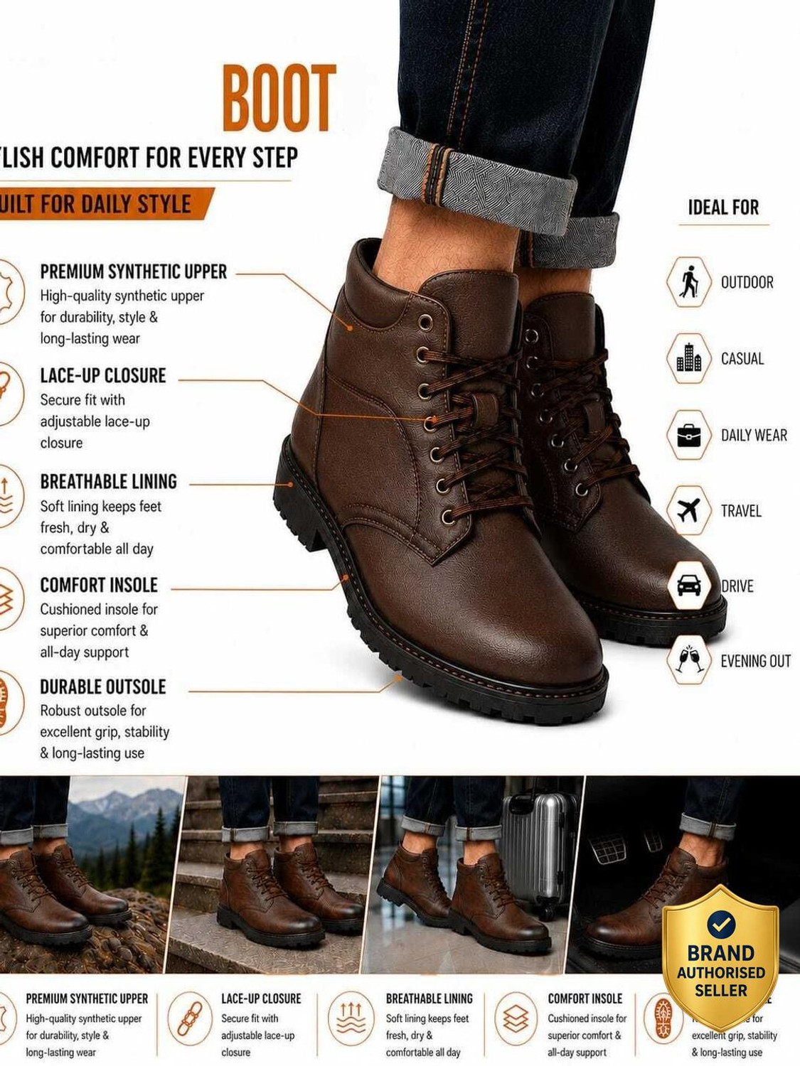 Image of Roadster Black High-Top Lace-Up Boots | Durable Faux Leather Ankle-Length Shoes | Outdoo Boots For Men