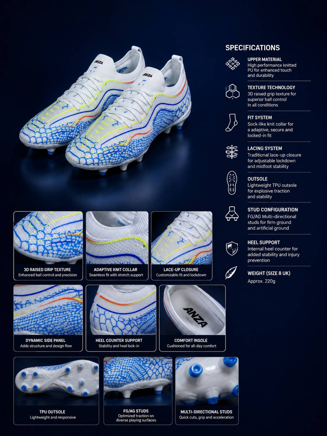 ANZA Heli Football Shoes Unisex White - Image 5