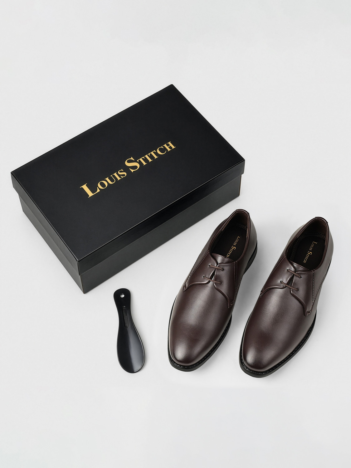 Image of LOUIS STITCH Men's Brunette Brown Formal Lace-Up Derby Shoes Derby For Men