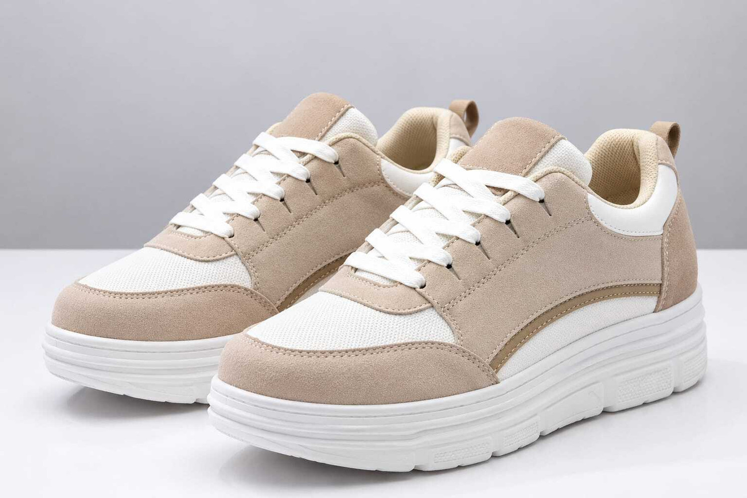 Image of GANARRUK Women's Beige White Casual Sneakers | Stylish Lace-Up Walking & Everyday Shoes Canvas Shoes For Women