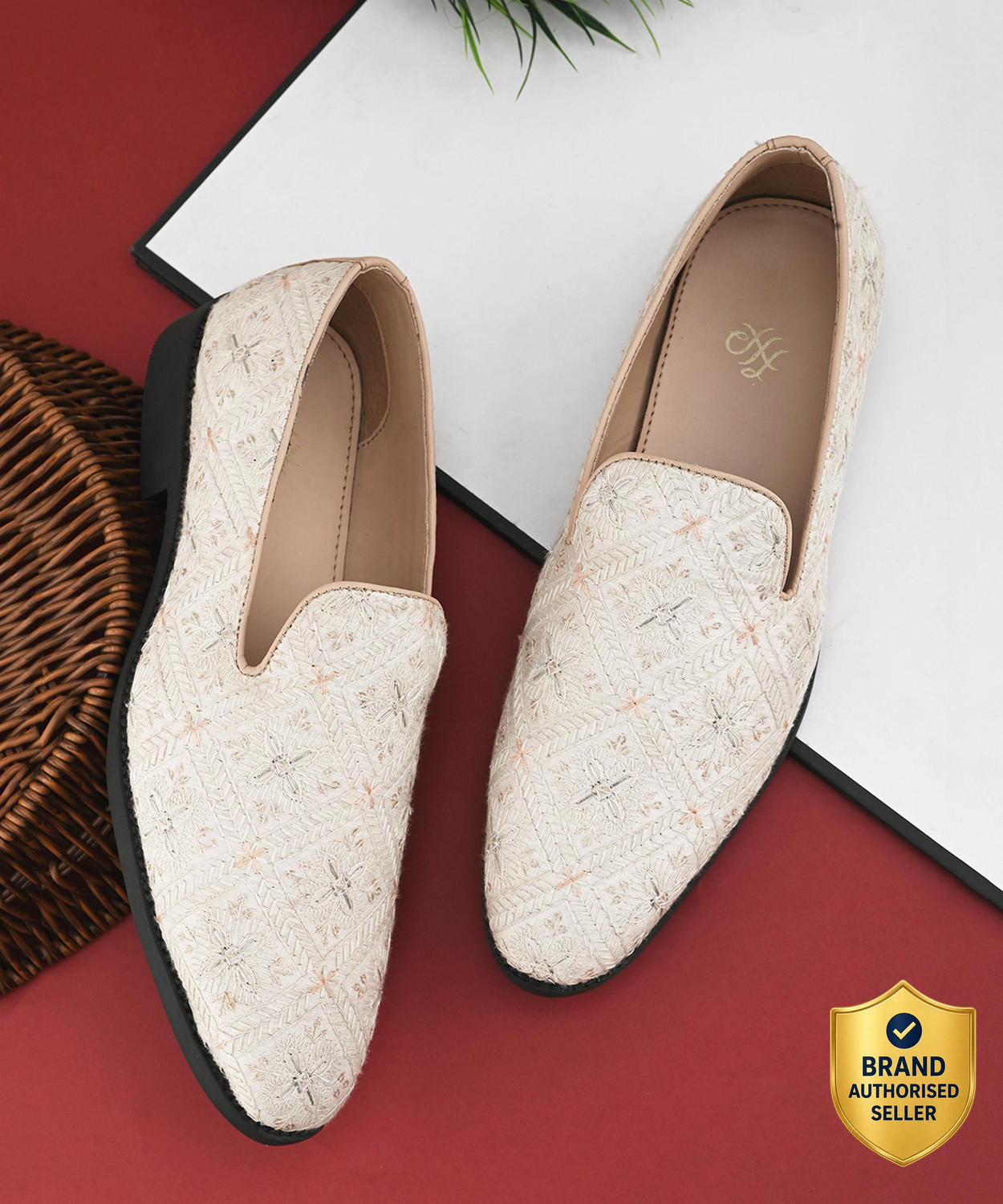 Image of House Of Pataudi Men Cream Faux Leather Casual Slip On Mojaris Mojaris For Men (Off White, 7)