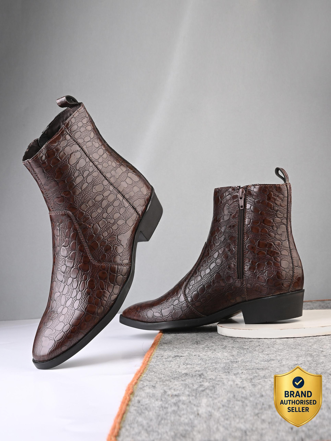 Image of Roadster Men's Stylish Brown Croc-Embossed Chelsea Boots | Slip-On & Comfortable Boots For Men