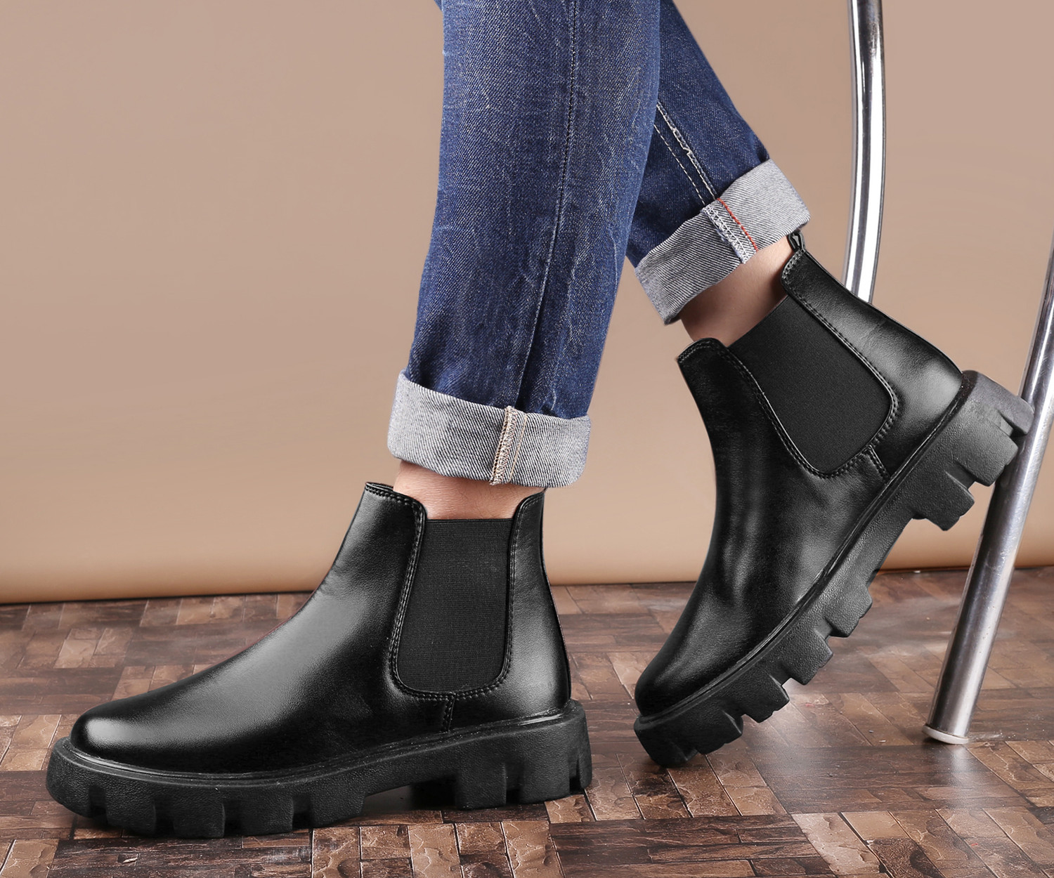 Image of BXXY Men's Stylish Pu Material Black Casual Chelsea, Slip-On Boot. Boots For Men
