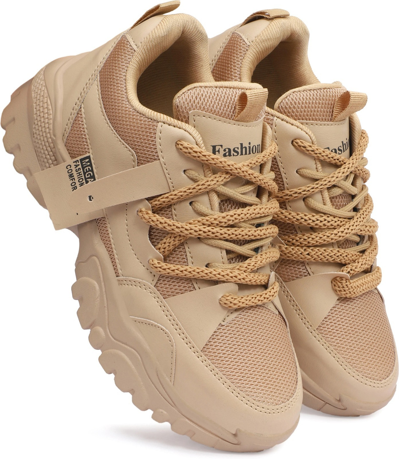 Image of VR SHOES Beige Chunky Casual Sneakers | Lightweight Comfortable Walking Shoes Sneakers For Women (Beige, 4)