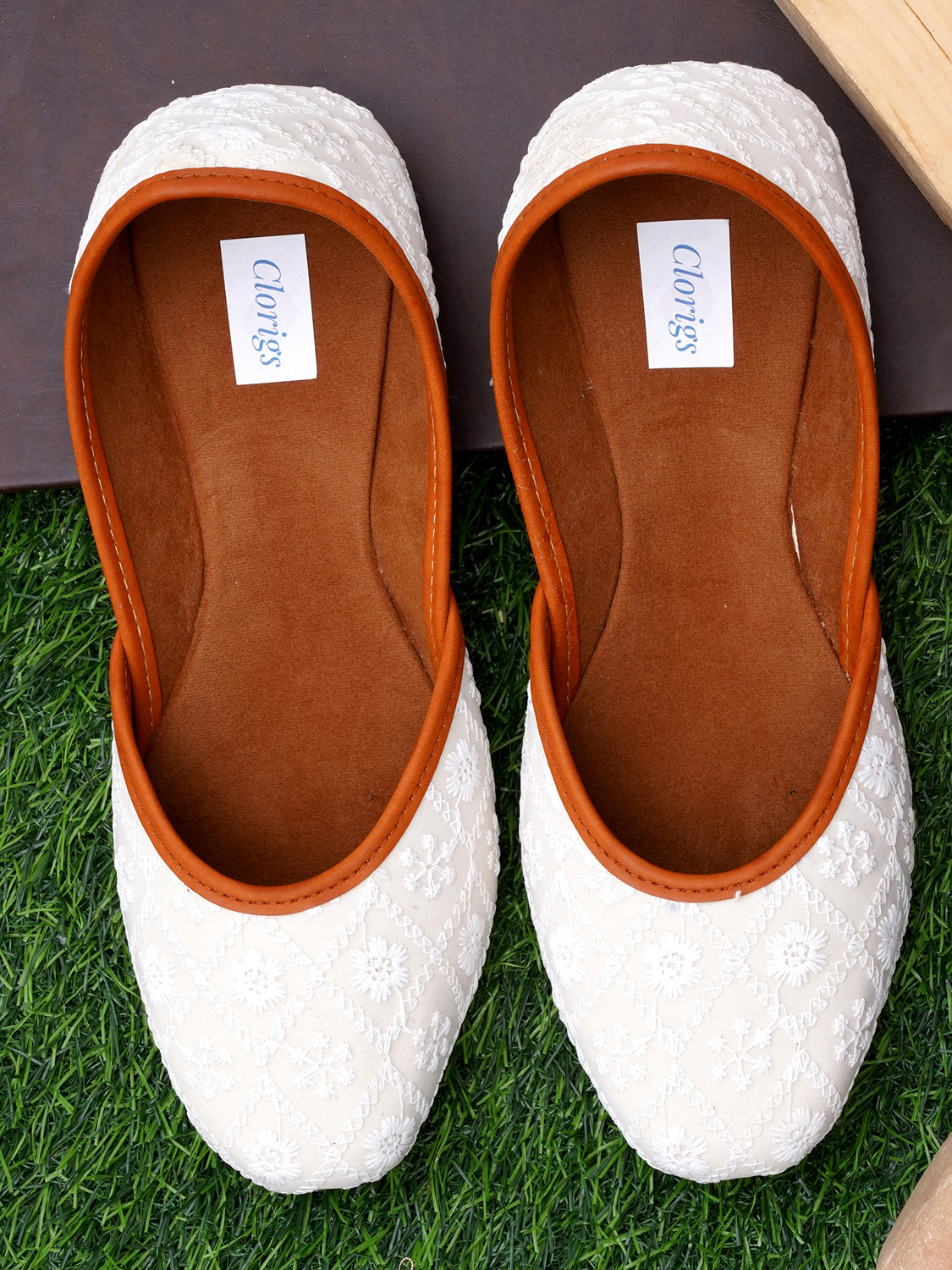 Image of Clorigs Chiken Work jutti For Women Jutis For Women (White, 4)