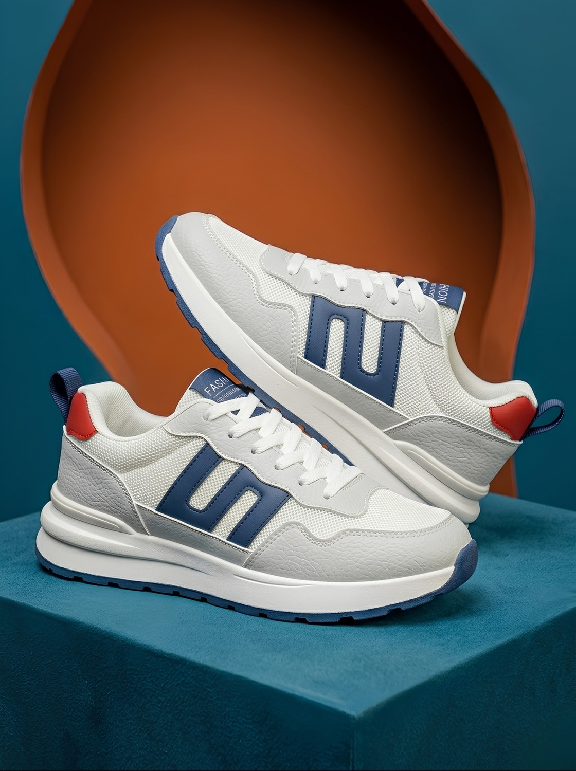 Image of Flucky White & Blue Sports Shoes | White Walking Sneakers For Men