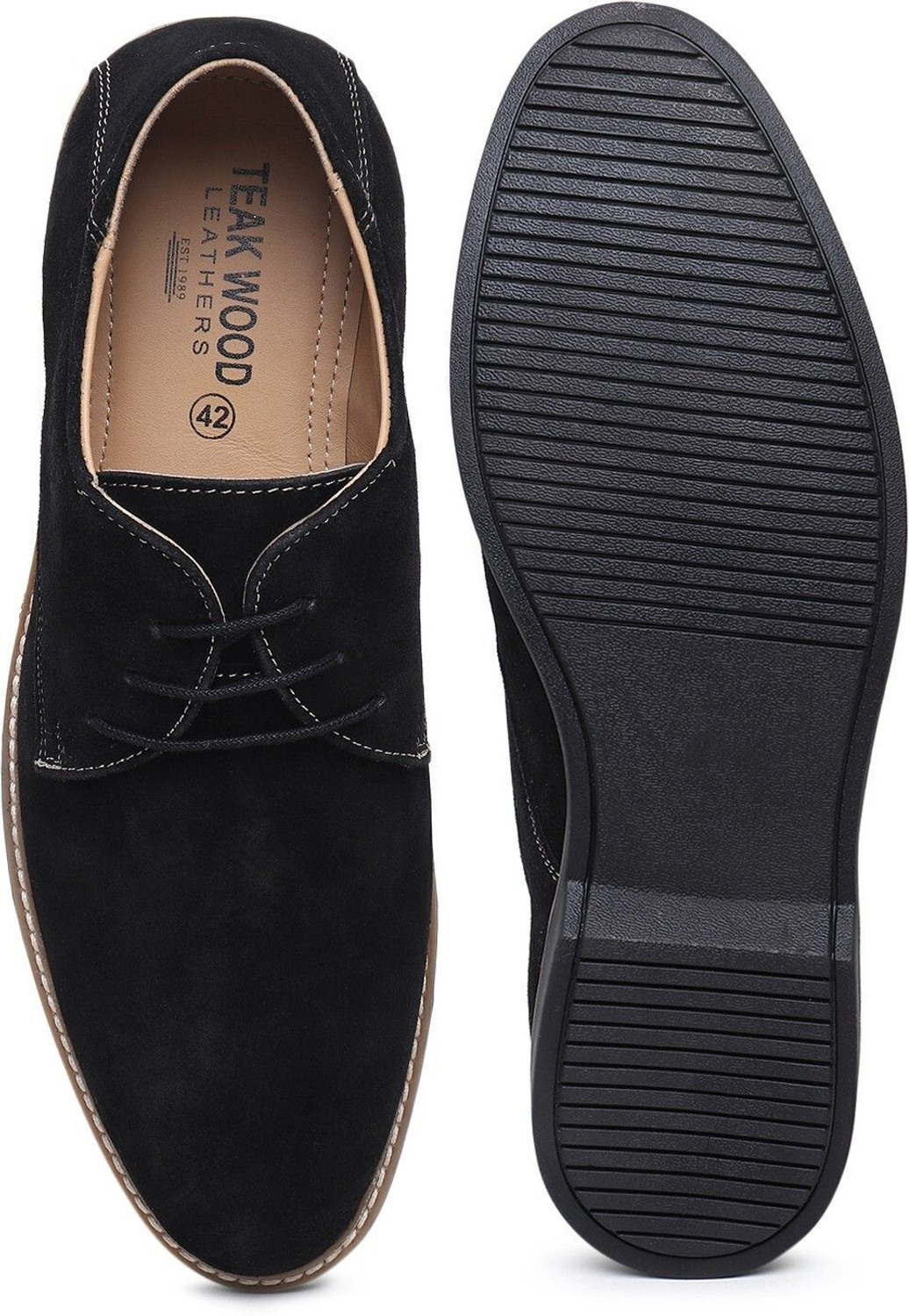 Image of Teakwood Leathers Men Black Solid Round Toe Suede Derbys Casuals For Men