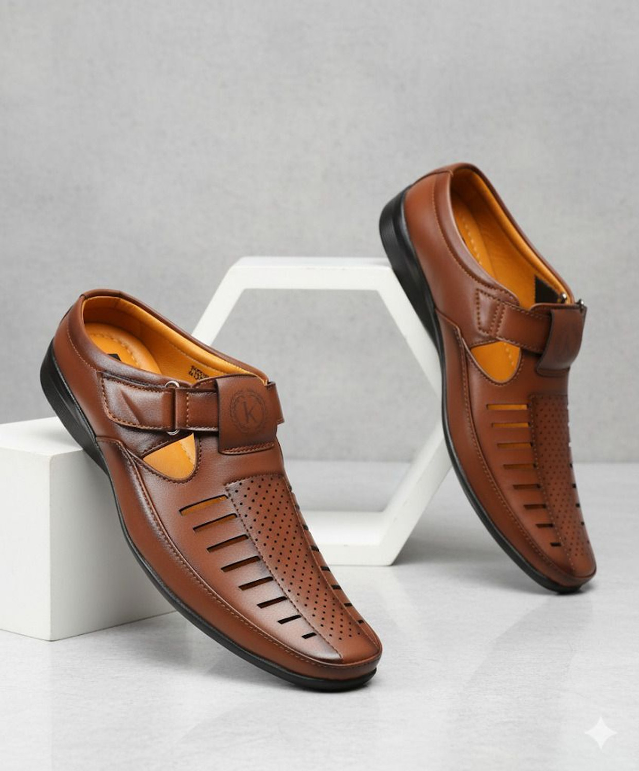 Image of kickonus Men's Tan Formal Sandal | Synthetic Leather, Cushioned Insole, Non-Slip Sole Loafers For Men