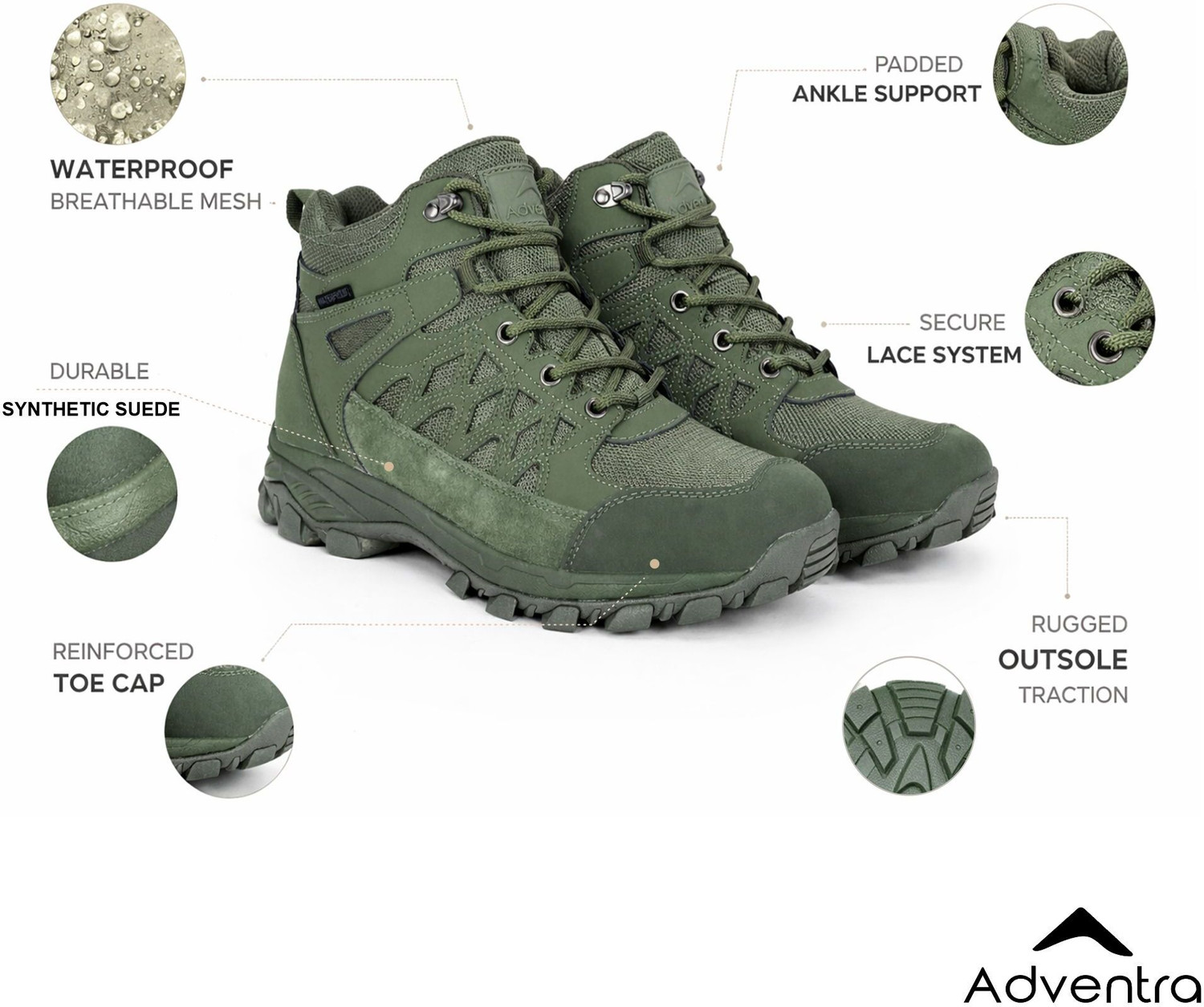 Image of Adventra Adventra Men's Waterproof Hiking Boots |WH1107 | Green Outdoors For Men