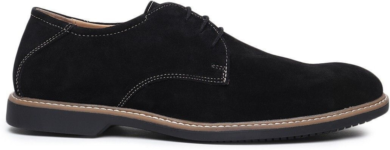 Image of Teakwood Leathers Men Black Solid Round Toe Suede Derbys Casuals For Men