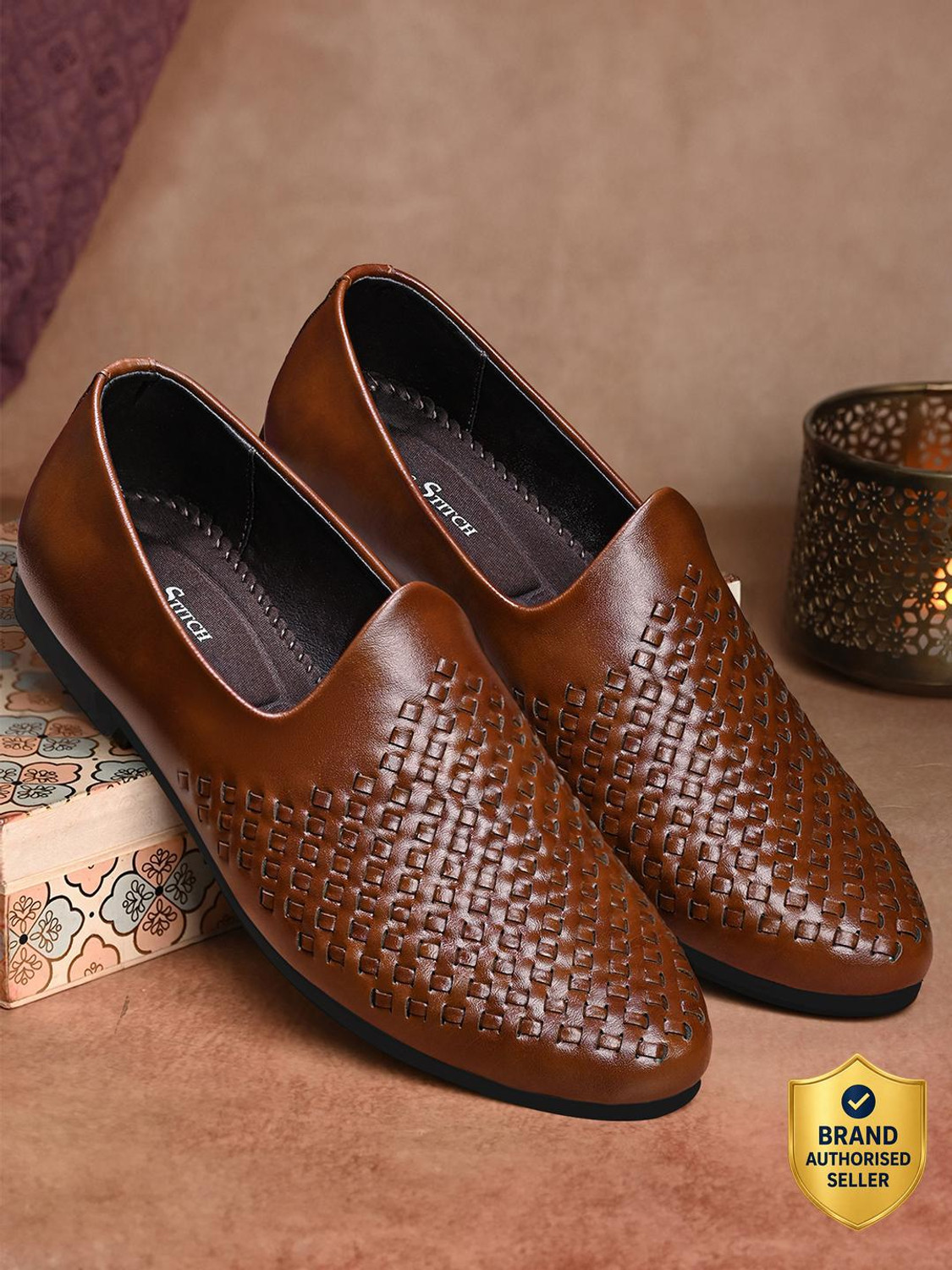 LOUIS STITCH Men’s Russet Tan Ethnic Slip-On Lightweight Weaved Nagra Juti for Men Mojaris For Men