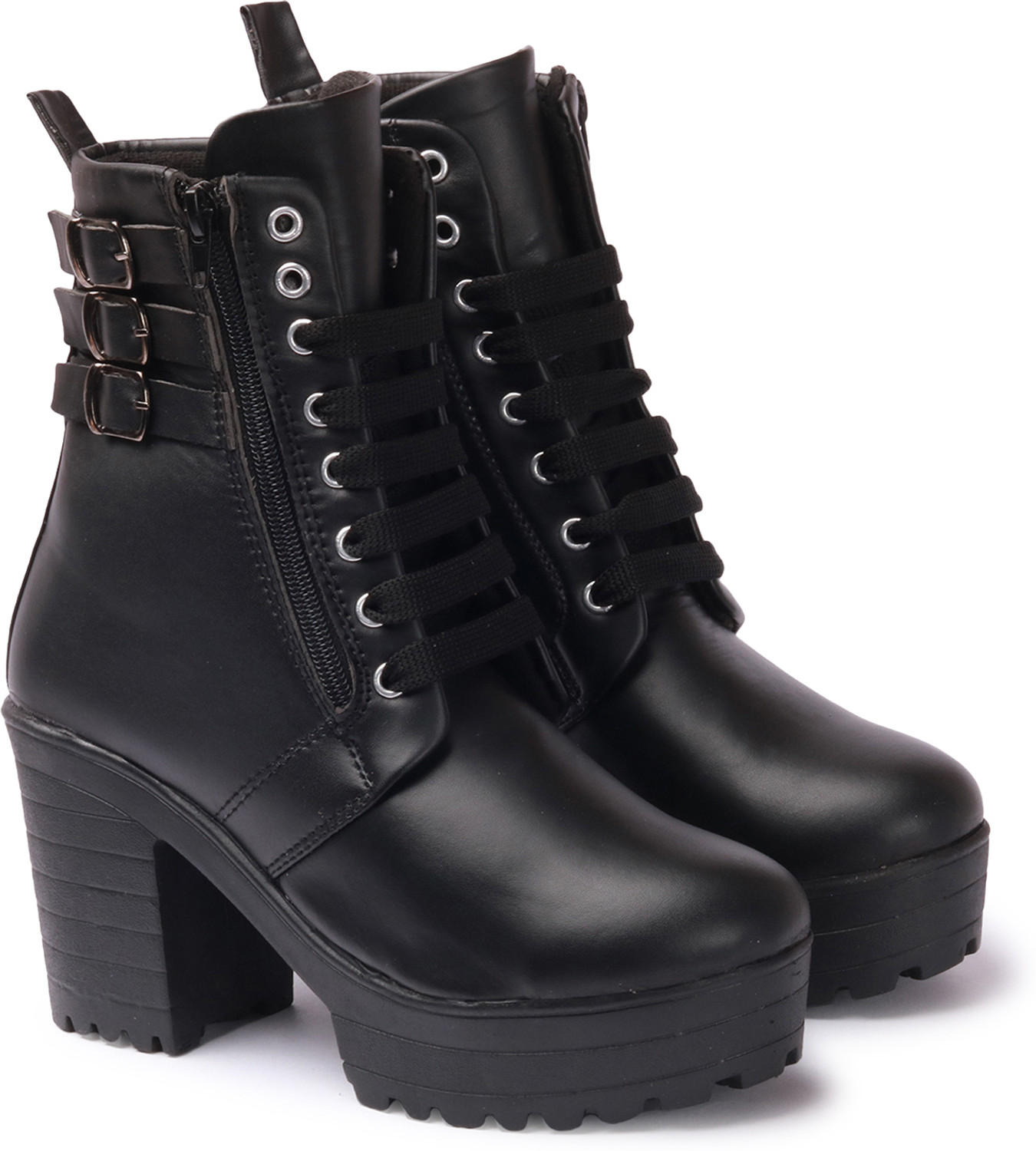 Image of KILLER Women's Boots | Faux Leather, Trendy, Lace-Up & Zipper Boots for Women & Girls Boots For Women (Black, 7)