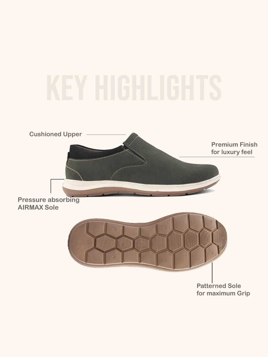Image of HERE&NOW Olive Flexible Leather Moccassins Casuals For Men Casuals For Men