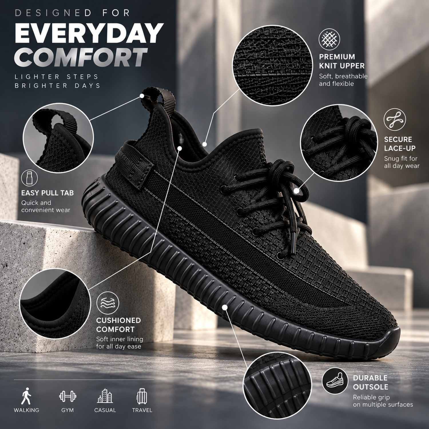 Image of Duggu Men's Black Running Shoes Lightweight Breathable Sports Shoes for Men Sneakers For Men