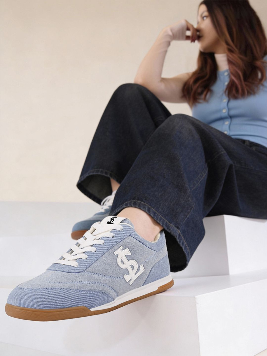 Image of LOUIS STITCH Women's Sky Blue Lightweight and Comfortable Casual Lace-Up Denim Sneakers Sneakers For Women