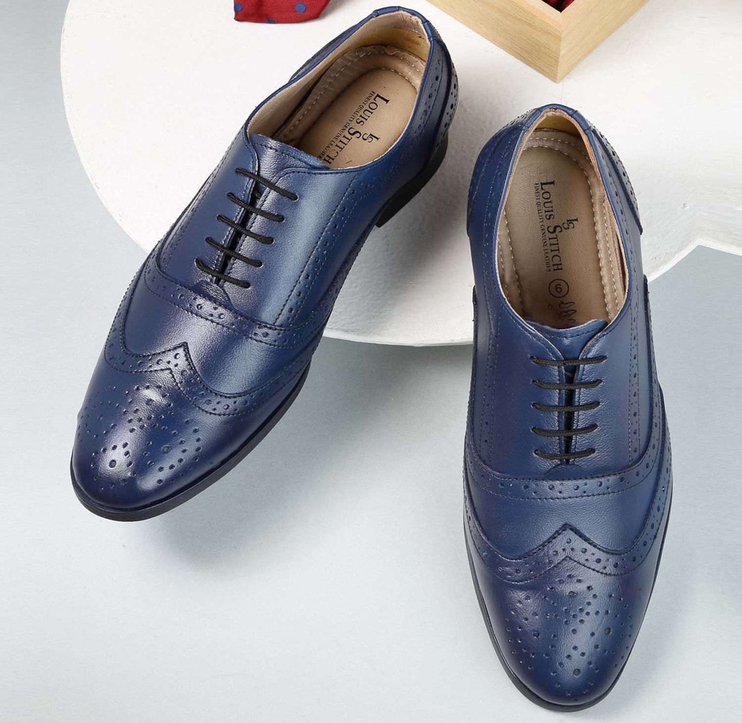 Image of LOUIS STITCH Blue Wingtip Style Italian Leather Comfortable Shoes for Men - UK 7 Brogues For Men