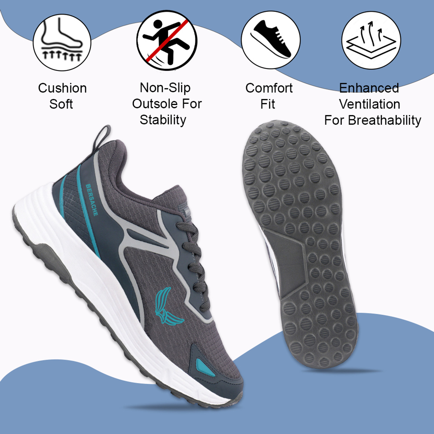 Image of Bersache Women's Lightweight Sports Shoes|Lace-Up Running Shoe with Cushion Sole Running Shoes For Women (Grey, 6)