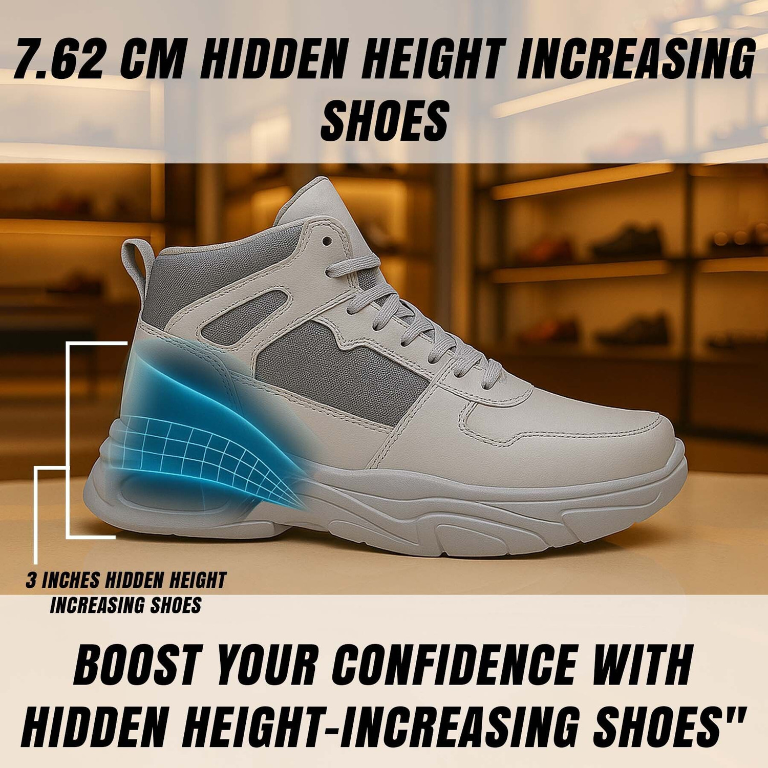 Image of BXXY Men's 7.62 CM Hidden Height Increasing Grey Casual Sport Sneaker Laceup Shoes Sneakers For Men