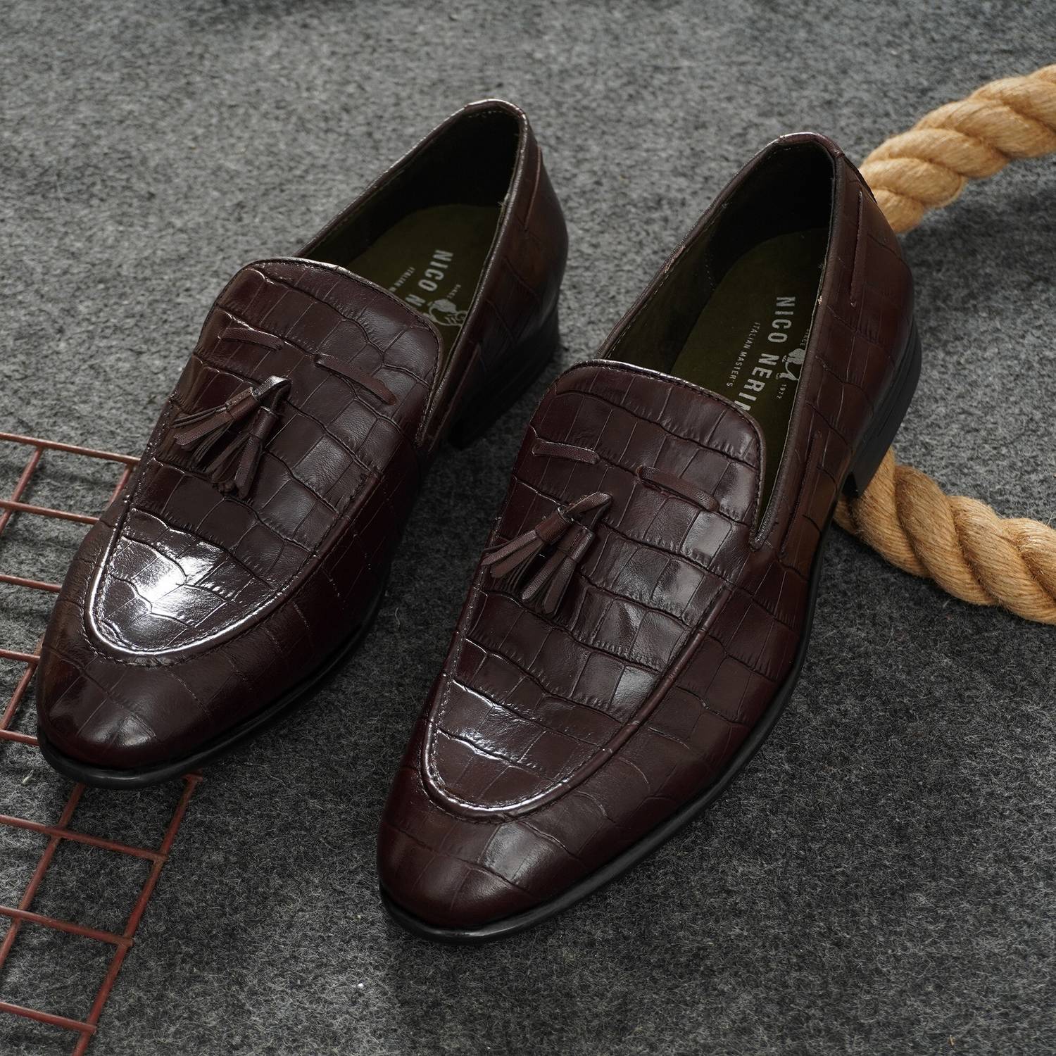 Nico Nerini Brown Croc-Embossed Leather Tassel Loafers with 
