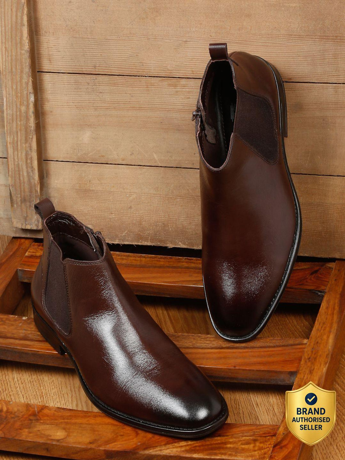 Image of Teakwood Mens Leather Chelsea Boots With Mid Top Block Heels Boots For Men