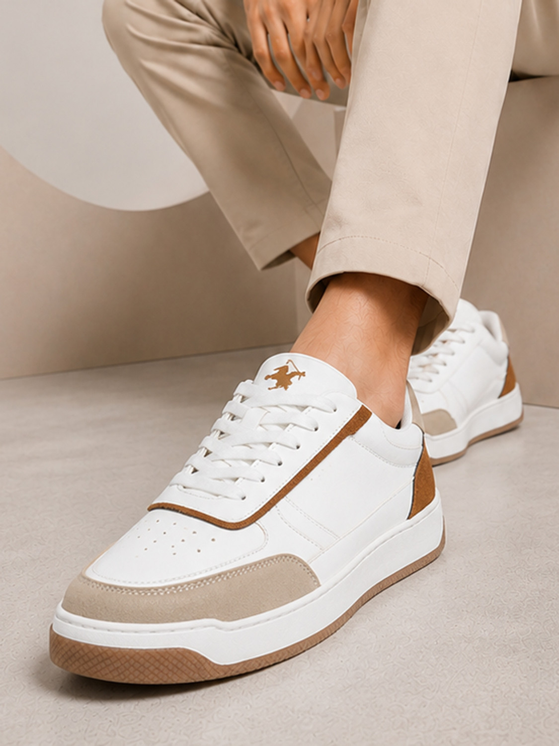 Image of CANTABIL Men's White & Beige Colourblock Casual Sneakers Sneakers For Men (White, Beige, 6)