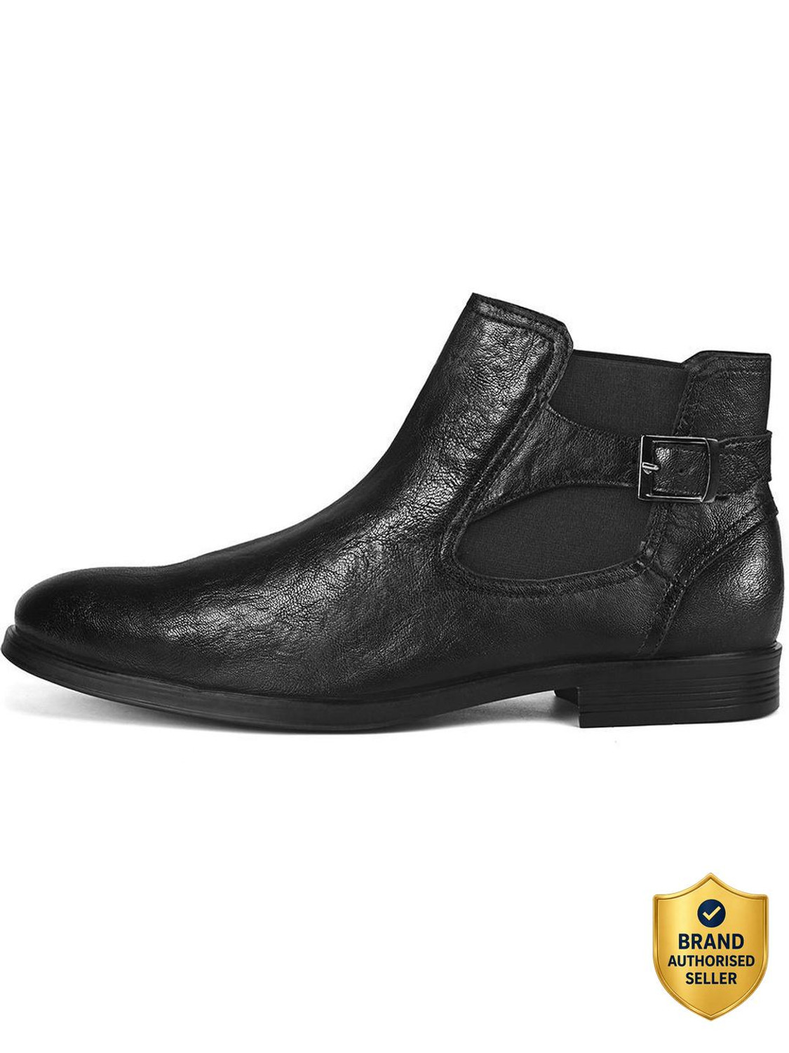 Image of LOUIS STITCH Black Mid-Top Ankle Shrunken Chelsea Boots for Men with Side Buckle, UK-9 Boots For Men