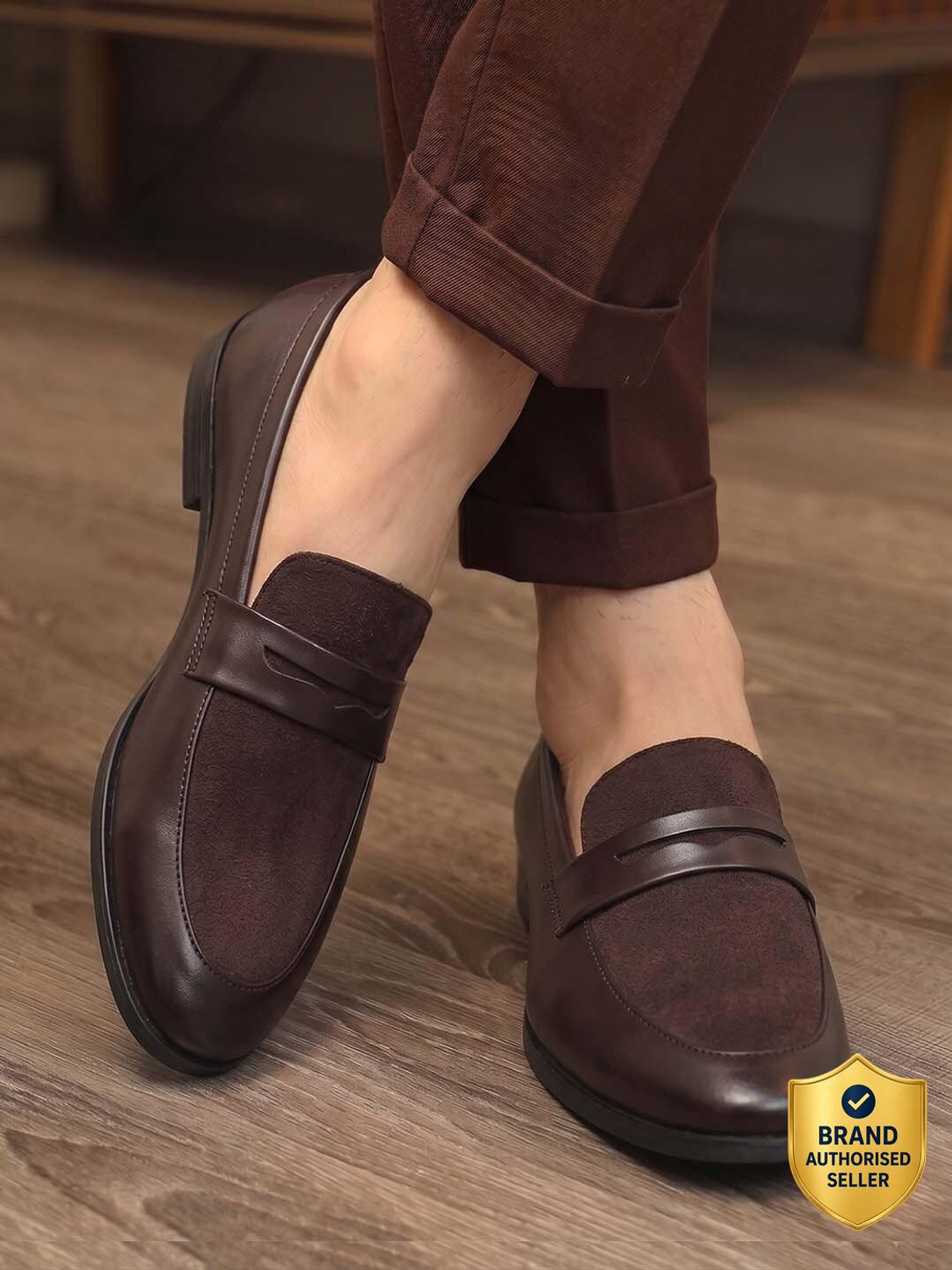 Image of HERE&NOW Brown Suede Formal Slip Ons Loafers For Men