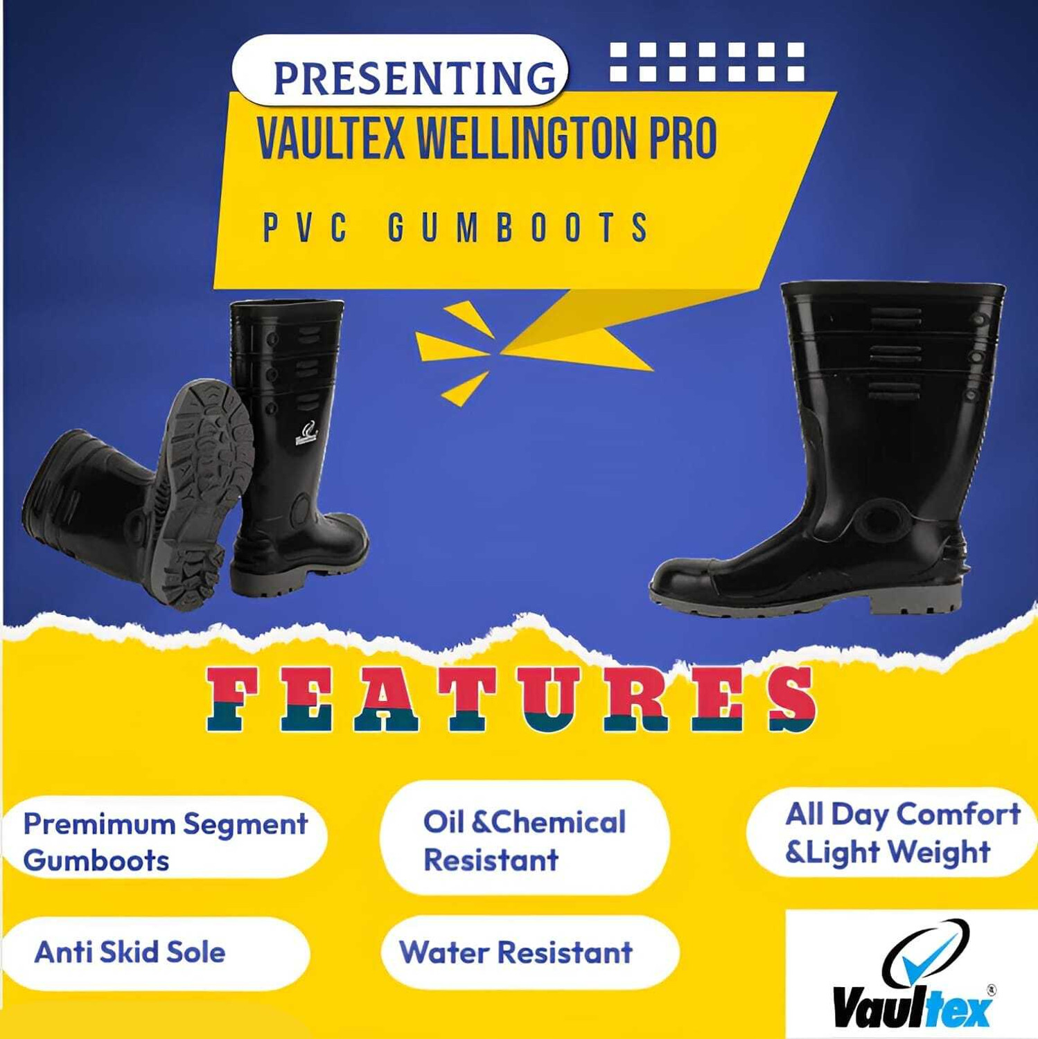 Image of Vaultex Wellington Pro Men's PVC Gumboots for Industrial Purpose | Chemical Resistant Boots For Men
