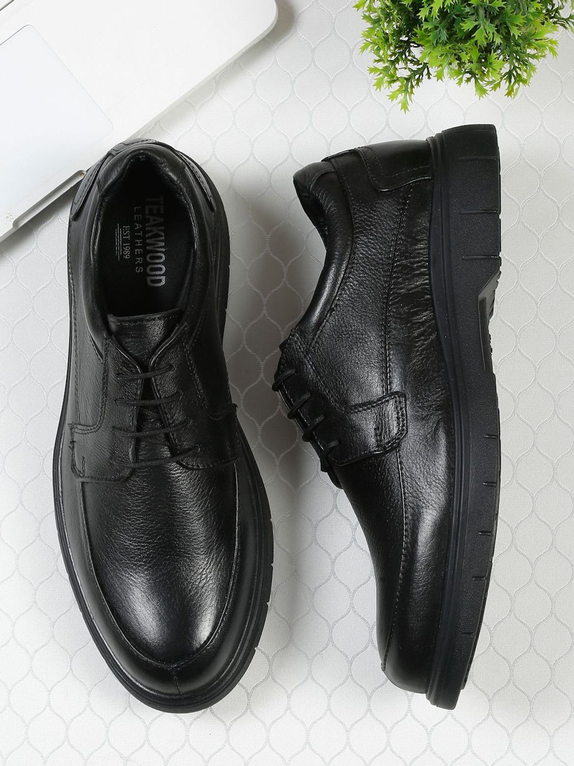 Image of Teakwood Men Black Leather Lace-Up Formal Shoes Casuals For Men