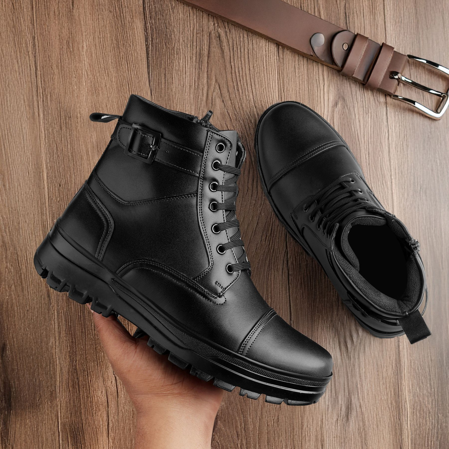 Image of STEPORIZE High Ankle Zipper Biker Shoes | Trekking | Hikking | Stylish Outdoor Boots Boots For Men (Black, 8)