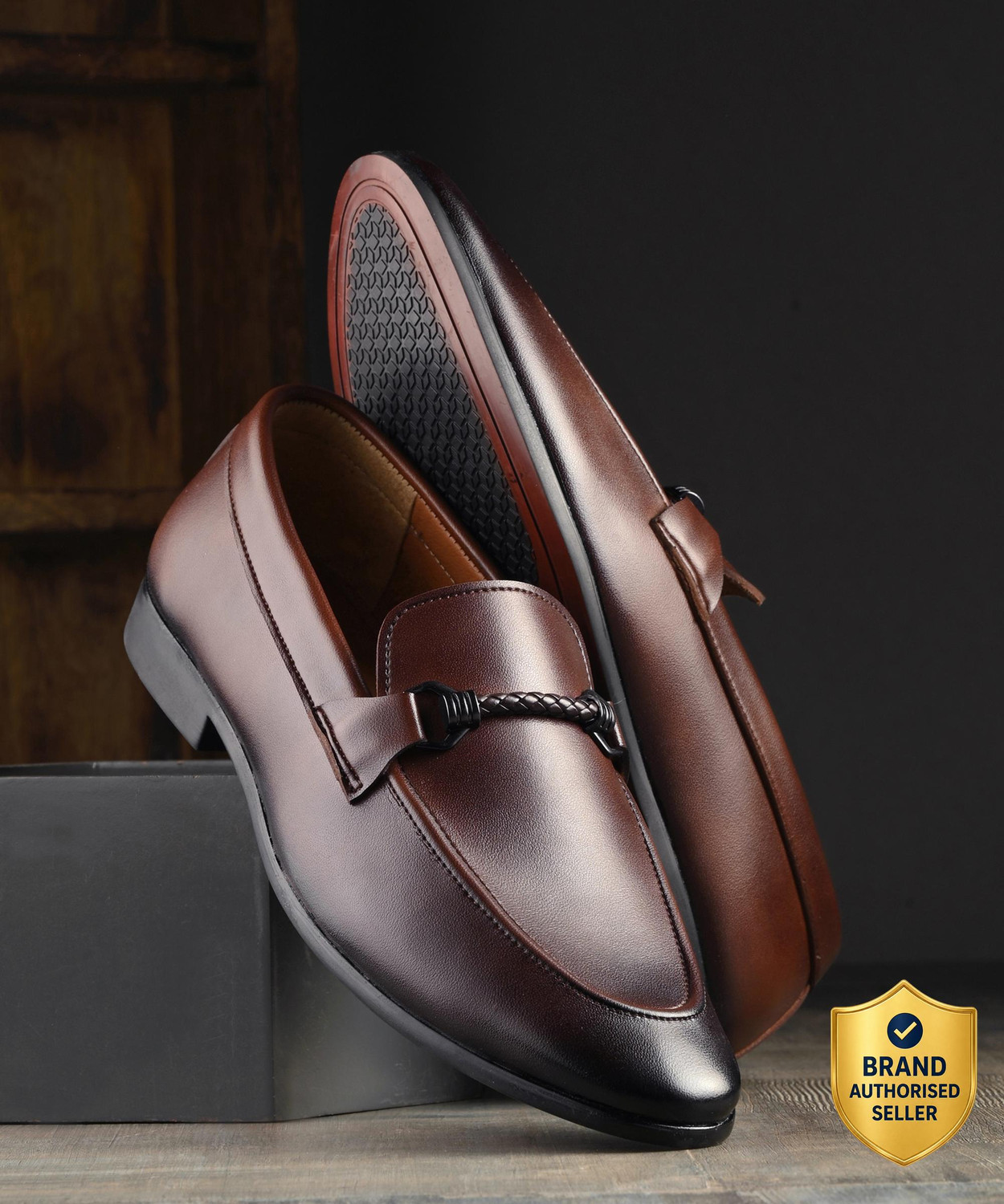 Image of House of Pataudi House of Pataudi Men Brown Faux Leather Casual Slip On Loafers Loafers For Men