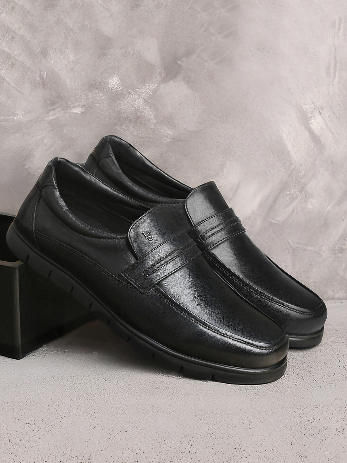 Image of LOUIS STITCH Jet Black Leather Shoes for Men, Comfortable Slip-On Moccasins, UK-7 Slip On For Men