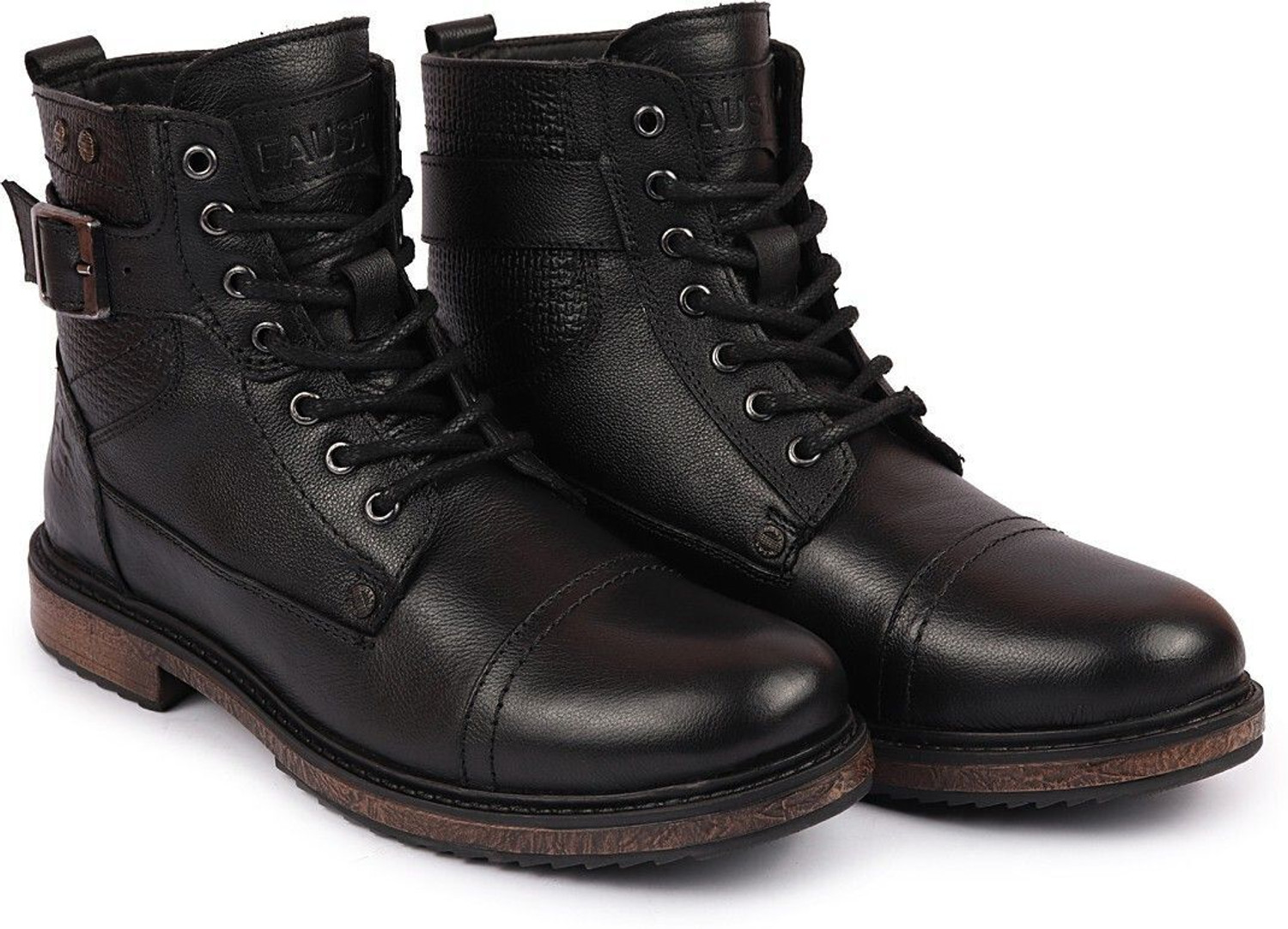 Image of FAUSTO High Top Genuine Leather 7-Eye Lace Up Buckle Strap Work Cap Toe Winter Flat Boots For Men
