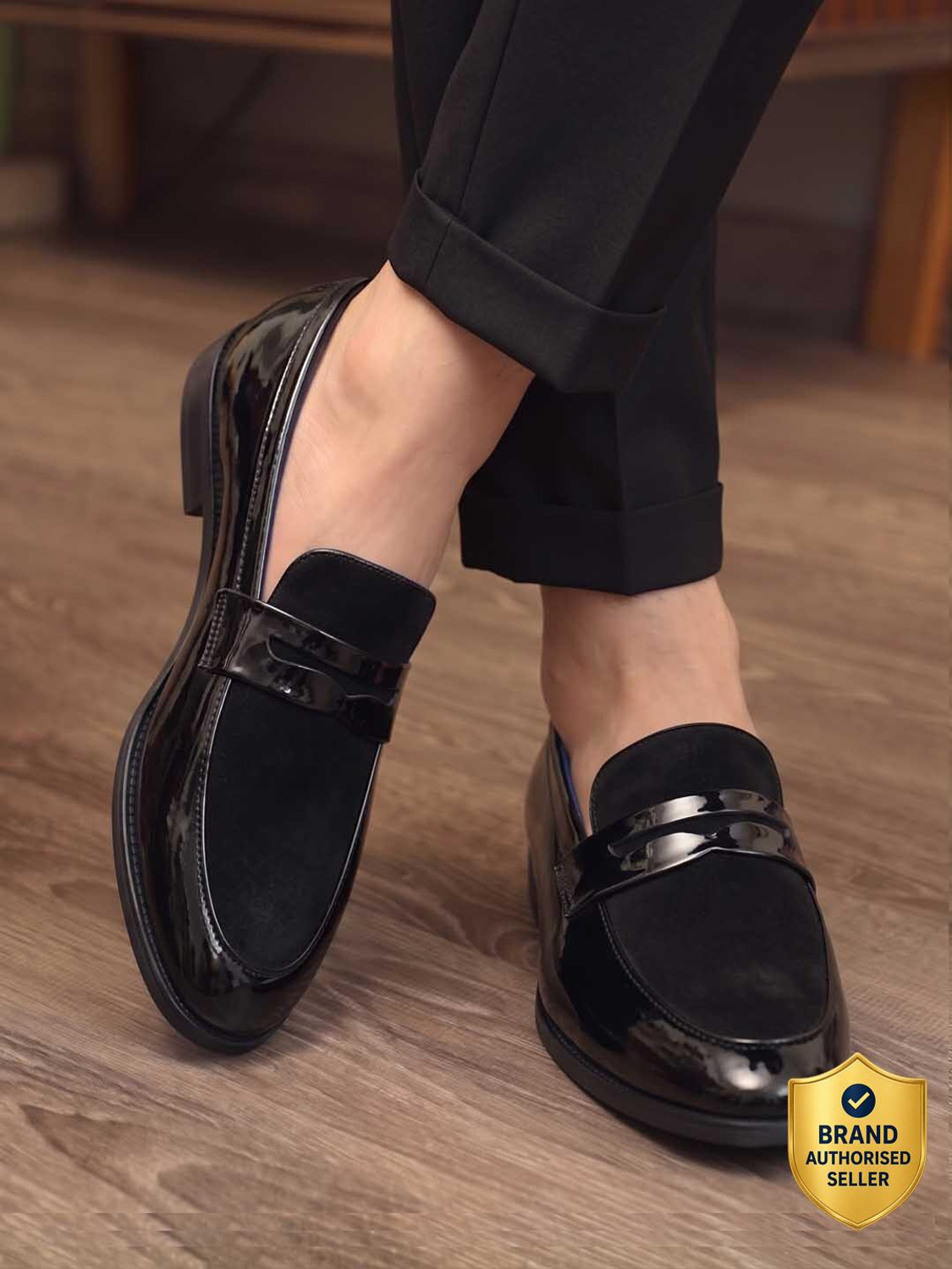 Image of HERE&NOW Charcoal Casual Patent Penny Shoes Loafers For Men