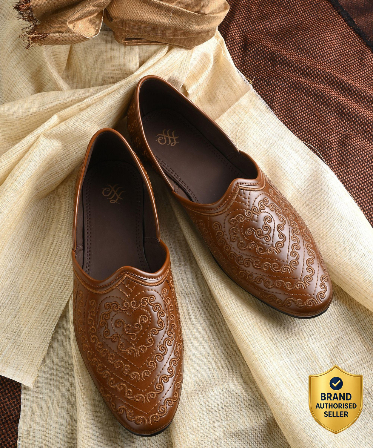 Image of House of Pataudi Round Toe Embroidered Comfortable Lightweight Slipon |Wedding,Party Occasion Mojaris For Men