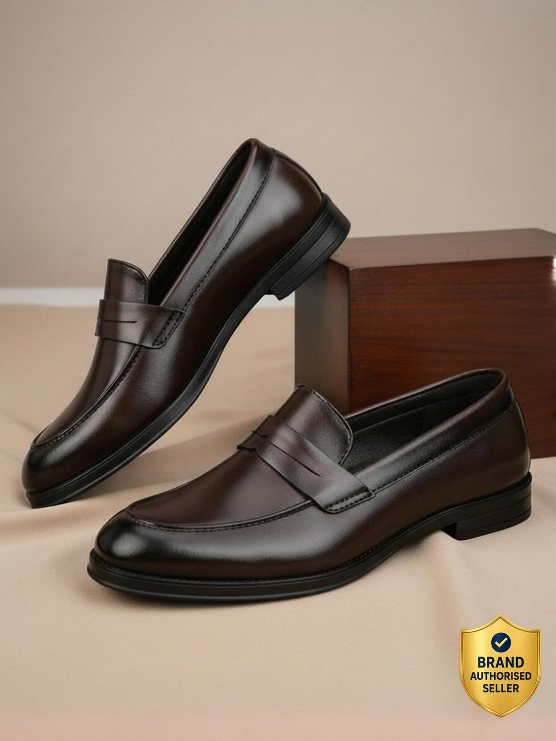 Image of House of Pataudi Men Brown Solid Formal Shoes Slip On For Men