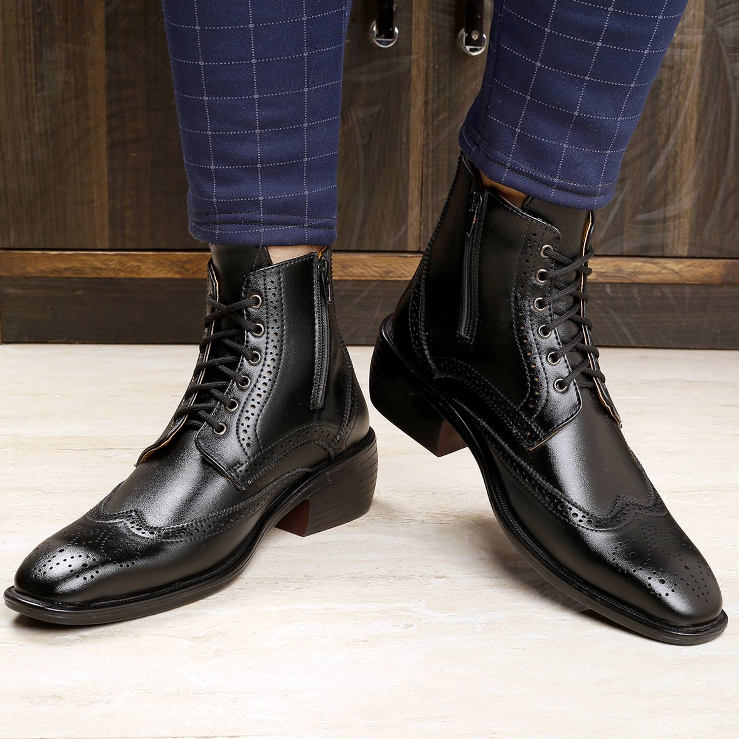 BXXY Men's Stylish Formal And Party Wear Brouge Black Boots Slip On For Men