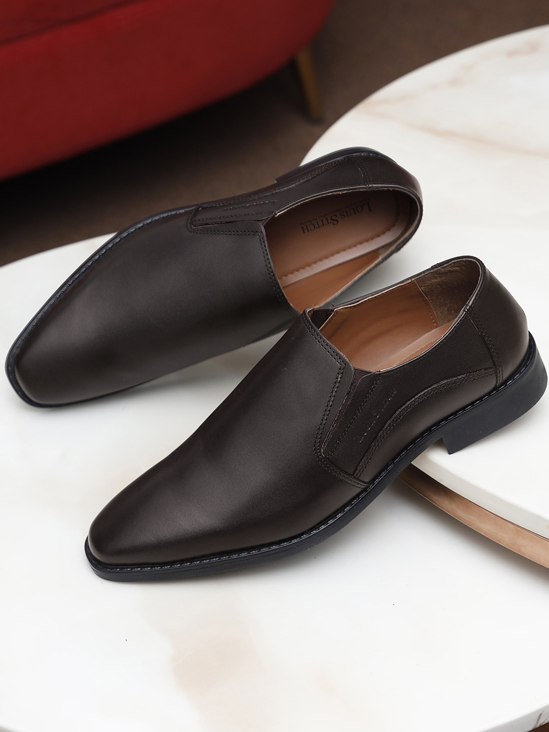 Image of LOUIS STITCH Brunette Brown Leather Mocassins Shoes Formal Loafers Slipons for Men - RXSOBB Slip On For Men